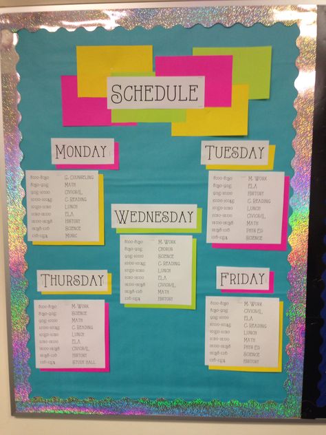 Schedule bulletin board fall 2013 Daily Schedule Bulletin Board, Schedule Bulletin Board, Activity Schedule, Corkboard Ideas, Math 8, Fall Bulletin Boards, Office Decorations, Daily Schedule, Junior High