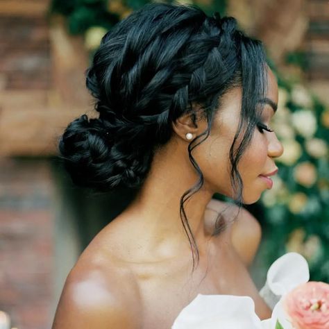 Looking for wedding hair inspo? We got you covered, besties! We're obsessed with all wedding hairstyles, whether it is wedding hair half up half down, wedding hair long, or wedding hair short. You could even put your hair up in a classy knot - because who doesn't love an updo! -And there is even more of that is in this article.a bride looking side on showcasing her plaited low bun updo with waved fringe Wedding Updo African American, Natural Hair Wedding Styles Updo, Half Up Half Down Wedding Hair African American, Wedding Hair For African American Women, Prom Updos Black Hair, Natural Hair Updos Wedding, Wedding Hair Inspo Black Women, Bridesmaid Hairstyles Updo Black Women, Black Wedding Guest Hairstyles