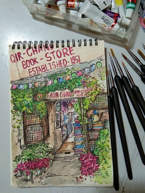 Urban sketching, nature, flowers, Indian urban sketching, books , book store Book Cafe Drawing, Indian Urban Sketching, Urban Boutique, Book Shops, Doodle Books, Sketches Pencil, Draw Ideas, Silver Springs, Artwork Ideas