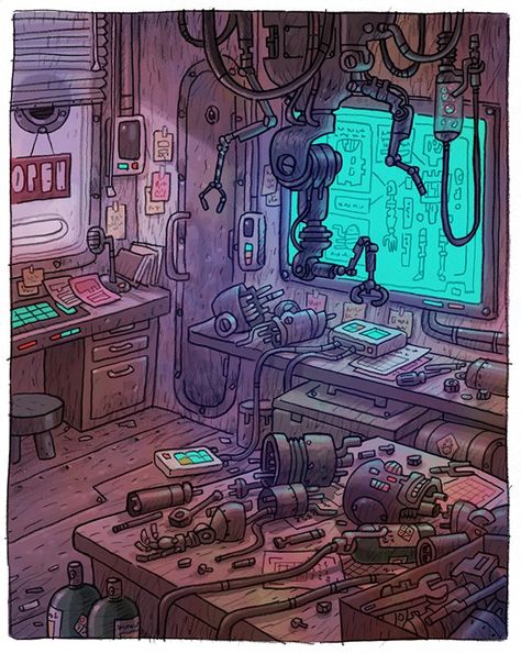 Mechanical Workshop, Sci Fi Environment, Background Drawing, Arte Cyberpunk, Cyberpunk Art, Environment Concept Art, Sci Fi Art, Art Background, 3d Art