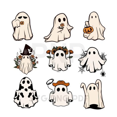 Matching Ghost Tattoos For 3, Cute Cowboy Ghost Tattoo, Cow Ghost Tattoo, Simple Spooky Drawings, Ghost With Pumpkin Tattoo, Halloween Ghost Tattoo, Ghost Cartoon Cute, Cute Ghost Sketch, Ghosts Doodle