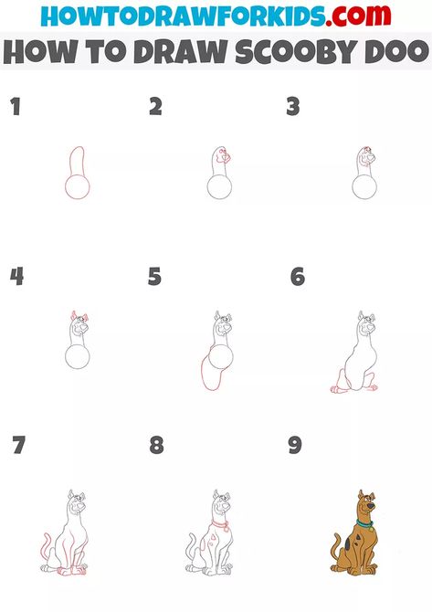 How to Draw Scooby-Doo - Easy Drawing Tutorial For Kids Scooby Doo Step By Step Drawing, How To Draw Scooby Doo Step By Step, Scooby Doo Painting Easy, How To Draw Scooby Doo, Scooby Doo Diy Decorations, Scooby Doo Bullet Journal, Scooby Doo Drawing Easy, Be Cool Scooby Doo, Decorative Writing