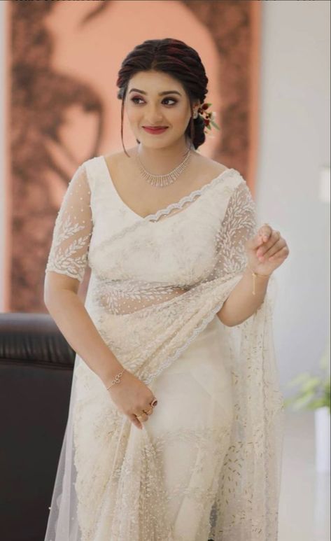 WhatsApp on 9496803123 to customise your handcrafted designer bridal wear with us online. Book your appointment today. We do ship internationally. (Pics for reference) Christian Bridal Saree White Blouse Designs, Engagement Saree Look, Functional Outfits, White Saree Blouse, White Blouse Designs, Christian Bridal Saree, Christian Bride, Saree Wearing Styles, Wedding Lehenga Designs