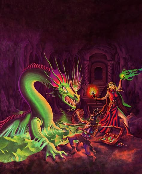 1981 Basic Dungeons & Dragons Cover Art - Erol Otus Classic Fantasy, Classic Rpg, Advanced Dungeons And Dragons, Dungeons And Dragons Art, Dnd Art, Green Dragon, Dragon Artwork, Dragon Slayer, High Fantasy