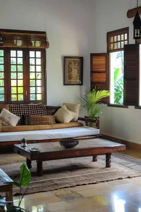 Indian Home Interior Living Rooms, South Indian Home Interior, Asian Living Room, Colonial Interior, Indian Living Rooms, Cottagecore Home, Small Couch, Indian Home Interior, Beautiful Houses Interior