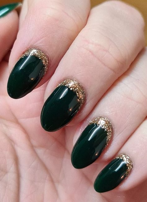 Green Gold Manicure, Dark Emerald Green Nails With Gold, Green And Gold French Tip Nails, Nails To Go With Emerald Green Dress, Nails With Green Dress, Silver And Green Nails, Emerald And Gold Nails, Gold Green Nails, Dark Green And Gold Nails