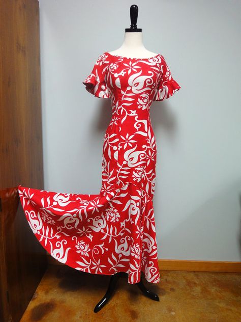 Red and White Long Mumu Dress Pattern, Holoku Dresses, Bula Dress Patterns, Muumuu Dress Pattern, Mermaid Dress Red, Hawaiian Dress Pattern, Tahitian Dress, Samoan Dress, Tiki Fashion