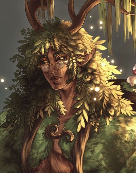 Druid Village, Half Dryad, Tree Person Character Design, Deer Person Character, Dryad Dnd, Druid Fantasy Art, Archfey Art, Plant Person Character, Male Dryad