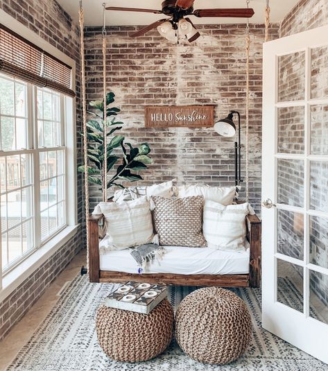 Sun Room Transformation(Brick Paneling) – My Farmhouse Fanatic Life Dog Sunroom, Brick Sunroom, Farmhouse Sunroom Ideas, Small Sunroom Ideas, Sunroom Makeover, Sunroom Remodel, Brick Room, Small Sunroom, All Season Room