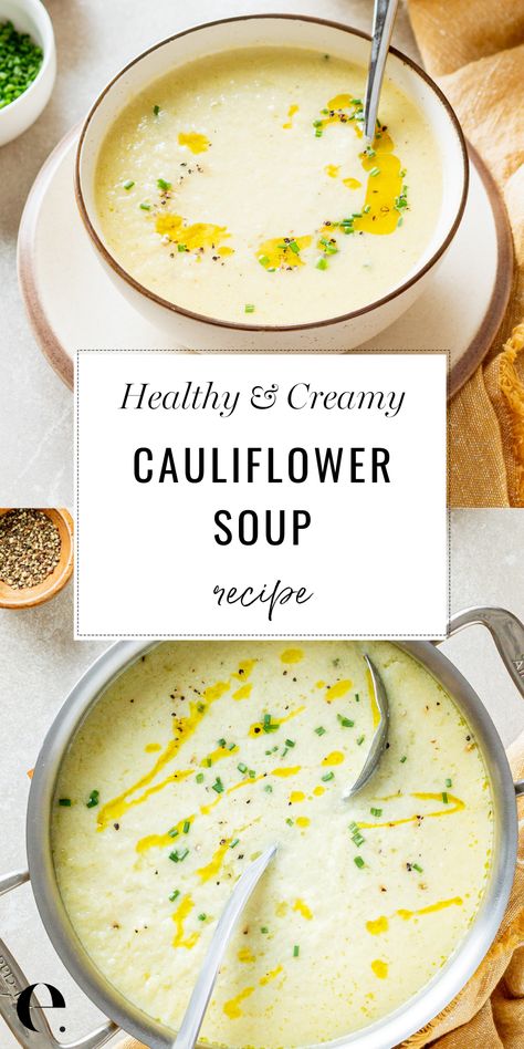 Cauliflower Soup Recipe, Soup Creamy, Creamy Cauliflower Soup, Roasted Cauliflower Soup, Cauliflower Soup Recipes, Garlic Soup, Pureed Soup, Root Veggies, Creamy Cauliflower