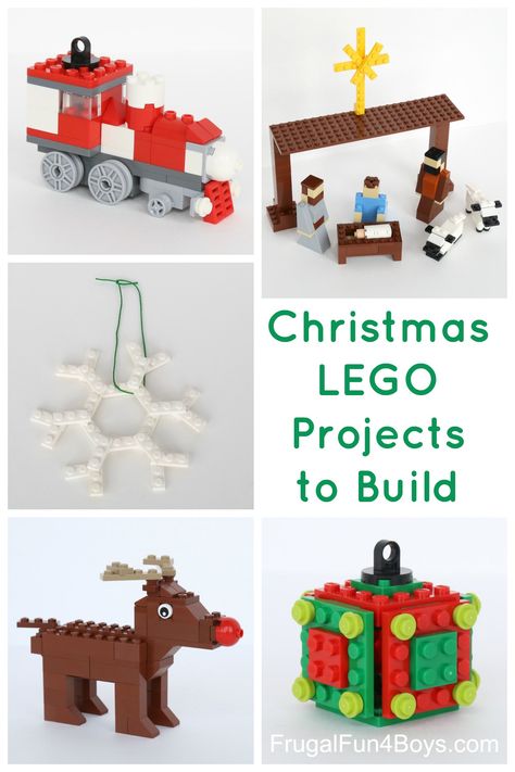 Five Christmas LEGO Projects to Build - With Instructions!  Train ornament, nativity set, snowflake ornament, Rudolph, and cube ornament.  The post has links to more Christmas ideas too. Lego Christmas Ornaments, Lego Learning, Christmas Lego, Lego Christmas Tree, Invites Birthday, Diy Christmas Videos, Diy Lego, Train Ornament, Lego Christmas