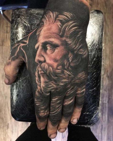 Zeus hand piece done by Higgs @ Four Horsemen, UK Zeus Hand Tattoo, Hand Tattoo Meaning, Hand Tattoo Images, Side Hand Tattoos, Zeus Tattoo, Skull Hand Tattoo, Small Tattoos With Meaning, Cool Chest Tattoos, Eagle Tattoos