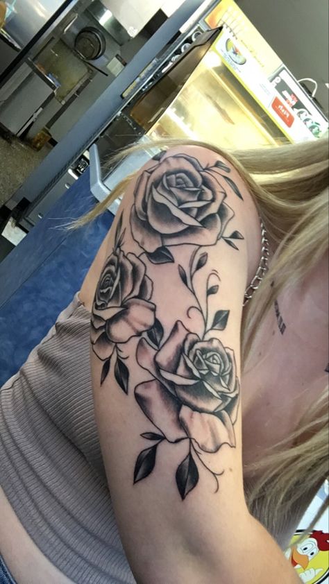 Rose Tattoo Upper Arm, Down Arm Tattoo, Rose Arm Tattoo, Tattoo Upper Arm, Climbing Rose, Upper Arms, Blooming Rose, Chest Tattoo, Rose Tattoo