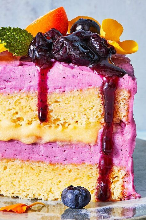 Pastry chef Sasha Piligian channels summer vibes to create her showstopping baked goods, like this epic layer cake. She starts with two flavor-packed components—a tart-sweet Meyer lemon curd for the filling, and a coriander-spiced blueberry jam to flavor and tint her fluffy Swiss meringue buttercream frosting.#desserts #recipes #foodandwine Blueberry Chiffon Cake, Lemon Chiffon Cake, Snack Cakes, Lemon Chiffon, Buttercream Recipe, A Piece Of Cake, Cobbler Recipes, Chiffon Cake, Cake With Cream Cheese