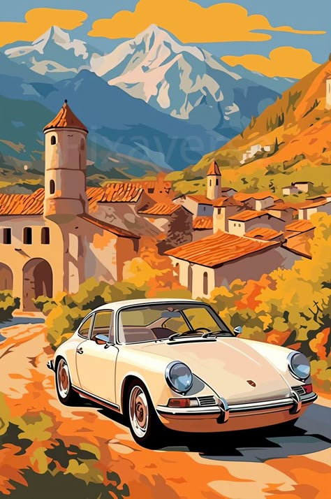 Vintage Art Prints Paintings, Vintage Car Painting, Porsche Painting, French Streets, Cars Painting, Vintage Car Art, Porsche Art, Vintage Automobiles, Cool Car Drawings