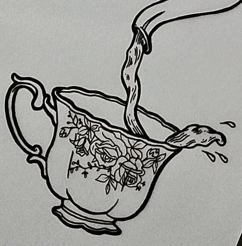 Simple Tea Cup Drawing, Tea Pot Sketch, Tea Pot Drawing, Tea Pot Tattoo, Elegant Sketches, Teapot Drawing, Teapot Tattoo, Tea Cup Drawing, Teacup Tattoo