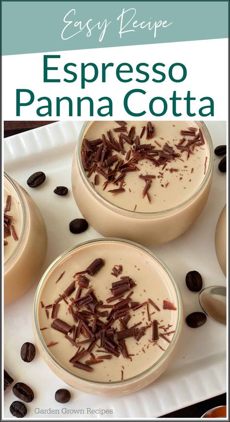 This espresso panna cotta recipe is so easy to make with only a few basic ingredients. This is the perfect creamy dessert everyone will love. Panna Cotta Natashas Kitchen, Pan A Cotta, Penna Cotta Recipes, Stovetop Dessert Recipes, Coffee Dessert Ideas, Marscapone Mousse Recipes, Panda Cotta Recipe, Coconut Panna Cotta Recipe, Panacotta Recipe Easy