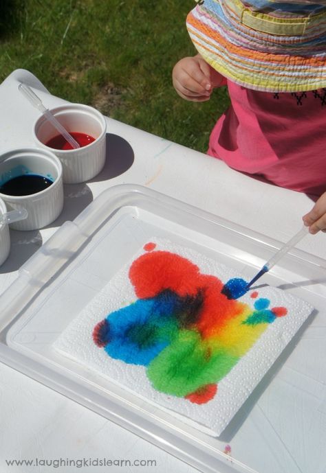 dropper toddler preschooler painting activity Pipette Activities Preschool, Water Dropper Activities, Food Colouring Activities For Kids, Dropper Activities Preschool, Mouse Paint Activities Preschool, Colour Activities, Preschool Painting, Mouse Paint, Preschool Colors