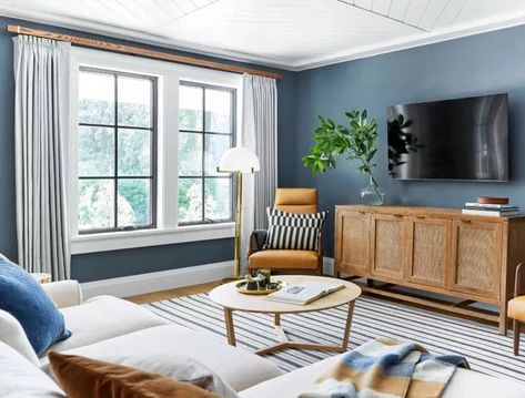 Blue Paint In Living Room, Smoky Blue Living Room, Sw Waterloo Bedroom, Blue Family Room Walls, Blue Paint Living Room Ideas, Blue Family Room Ideas, Smoky Blue Sherwin Williams, Sw Smoky Blue, Smoky Blue Paint