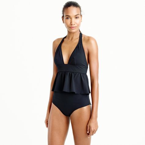 Halter peplum tankini top in piqué nylon Checkered Swimsuit, Peplum Tankini, Halter Swim Top, Strapless Swimsuit, Womens Tankini, Black Peplum, Bathing Suit Bottoms, Crew Clothing, Tankini Top