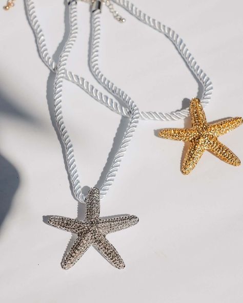 Our new arrival starfish necklace ⭐️ Bringing your Pinterest summer style to life🐚 Shop our new arrivals online now #tropical #pinterest #moodboard #moodaccessories #islandaccessories #summeraccessories #necklace #coolgirlaesthetic Hibiscus Clothing, Starfish Necklace Gold, Pinterest Summer, Black Salt, Marble Decor, Starfish Necklace, Outdoor Furniture Collections, Stone Collection, Rope Necklace