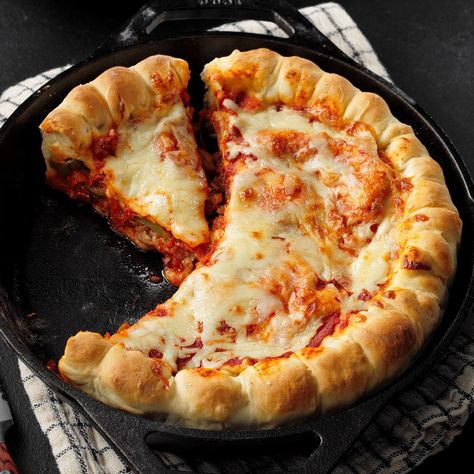 Cast-Iron Pizza Pie Recipe | Taste of Home Frozen Bread Dough Recipes, Pizza Pie Recipe, Pie Crust Pizza, Vending Business, Plain Pizza, Grub Hub, Stuffed Pizza, Cast Iron Pizza, Bread Dough Recipe