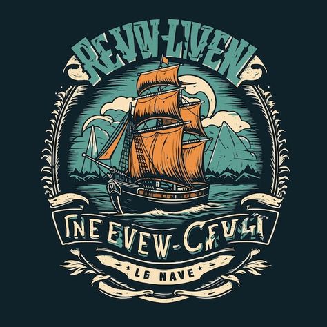 Clothing brand t shirt design old sailin... | Premium Vector #Freepik #vector #ocean #boat #sea #vintage Vintage Brands Clothing, Brand T Shirt Design, T Shirt Sticker Design, Tshirt Images, Tshirt Printing Business, Vector Clothes, Vintage T Shirt Design, Train Illustration, Logos Vintage