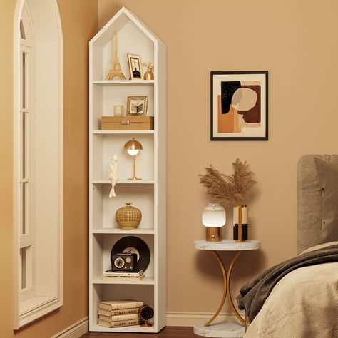 PRICES MAY VARY. White Tall Narrow Bookshelf: Our 11.8"W × 70.8"H cube book shelf fits snugly into any small corner of your home. It's versatile, serving as an open bookcase for home office, a stylish display rack for the living room or bedroom, a charming plant stand for the balcony, or a kitchen storage shelf Modern Bookshelves: The top of the white bookshelf features a unique triangular design, adding a modern and artistic flair to your space. Showcase your books, photos, plants, and decorati Tall White Bookcase, Tall Narrow Bookshelf, Tall Narrow Bookcase, Narrow Bookshelf, Bookshelf Modern, Home Office White, White Bookshelves, Bookshelves In Living Room, Small Bookshelf