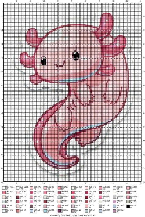 Axolotl Alpha Pattern, Axolotl Cross Stitch Pattern, Pixel Axolotl, Pixel Art Chat, Pixel Crochet, Tapestry Crochet Patterns, Pola Kristik, Cross Stitch Pictures, Pixel Pattern