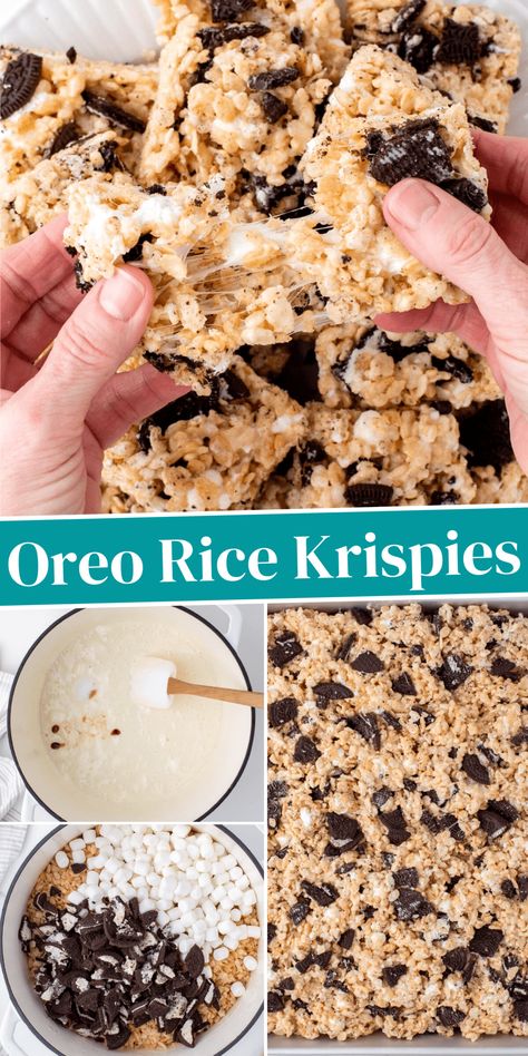 Indulge in the ultimate dessert mashup with these irresistible Oreo Rice Krispie Treats! Crunchy Rice Krispies and chunks of Oreo cookies are blended together and smothered in gooey marshmallow, creating an upgraded version of a classic rice krispie treat recipe! Oreo Rice Crispy Treats, Oreo Krispie Treats, Oreo Rice Krispies, Tv Snacks, Oreo Rice Krispie Treats, Oreo Rice, Crunchy Rice, Homemade Rice Krispies Treats, Rice Crispy Treats Recipe