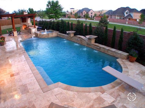 Long Pool, Inground Pool Designs, Geometric Pool, Diving Pool, Living Pool, Pool Renovation, Diving Board, Custom Pool, Backyard Pool Landscaping