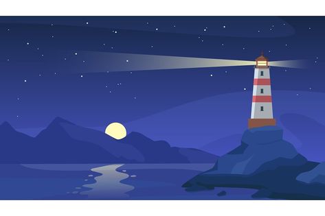 Vector Landscape Illustration, Lighthouse At Night, Ocean Vector, Illustration Building, Sky And Ocean, Vector Landscape, Pink Wallpaper Hello Kitty, Rocky Coast, Night Illustration