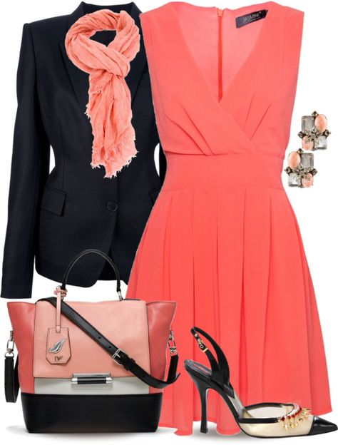 Love the coral and black outfit on Polyvore Vestidos Color Salmon, Matching Shoes, Lapel Jacket, Pretty Colors, Outfit Combinations, Blue Wool, Toe Shoes, Work Attire, Outfit Casual