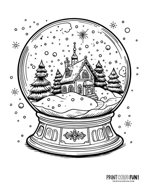 Snowglobe Coloring Page, Snow Globe Coloring Page, Snow Globe Sketch, Window Art Winter, Snowing Drawing, Easy Winter Drawings, Snowglobe Drawing, Globe Coloring Page, Snow Globe Drawing