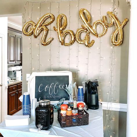 Coffee bar ideas for a brunch themed baby shower! Coffee Bar Ideas Brunch Party, Bean Baby Shower Ideas, Coffee Bean Baby Shower Ideas, A Baby Is Brewing Coffee Baby Shower Ideas, Baby Brewing Shower Ideas Coffee, Breakfast Baby Shower Ideas, Baby Shower Breakfast Ideas, Gender Reveal Brunch Ideas, Coffee Baby Shower Theme