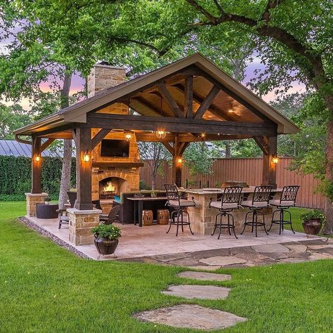 Decks With Pavillion, Outdoor Kitchen And Dining, Outdoor Living Ideas, Outdoor Covered Patio, Grill Area, Outdoor Patio Designs, Carport Designs, Outdoor Pavilion, Backyard Fireplace