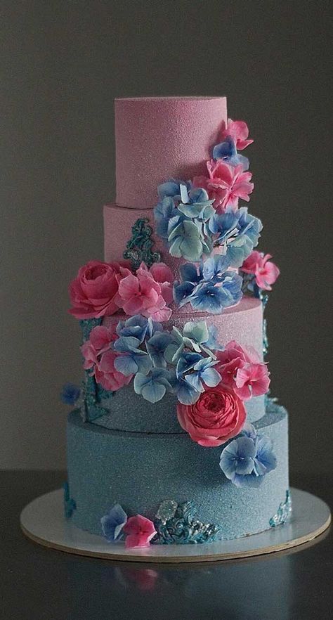 Pink And Blue Wedding Cake, Pink And Blue Cake, Concrete Wedding Cake, Spectacular Cakes, Pretty Pastries, Blue And Pink Wedding, Pink And Blue Wedding, Blue Wedding Cake, Artist Cake