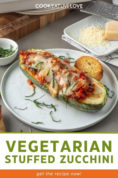 Stuffed vegetarian zucchini turns this simple vegetable into a flavorful and tasty dish the whole family will love. Tender zucchini is topped with a simple, meaty, vegetarian tomato sauce and some cheese transforming it into an amazing family-friendly main dish. Vegetarian Zucchini Recipes, Zucchini Boats Healthy, Vegetarian Zucchini Boats, Boat Recipes, Zucchini Boat, Zucchini Boat Recipes, Zucchini Recipe, Stuffed Zucchini, Healthy Weeknight Dinners