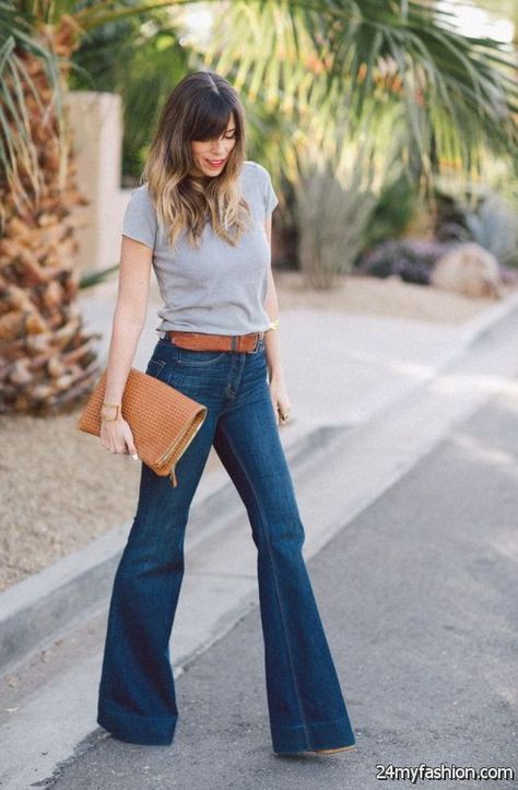 Flare Jeans Professional Outfit, Flare Jean Summer Outfit, Styling Light Blue Jeans Outfit, Music Gig Outfit, Flair Jeans Outfit Summer, Flared Jeans Outfit Ideas, High Waisted Flare Jeans Outfit, Flare Jean Outfits, Blue Flare Jeans Outfit