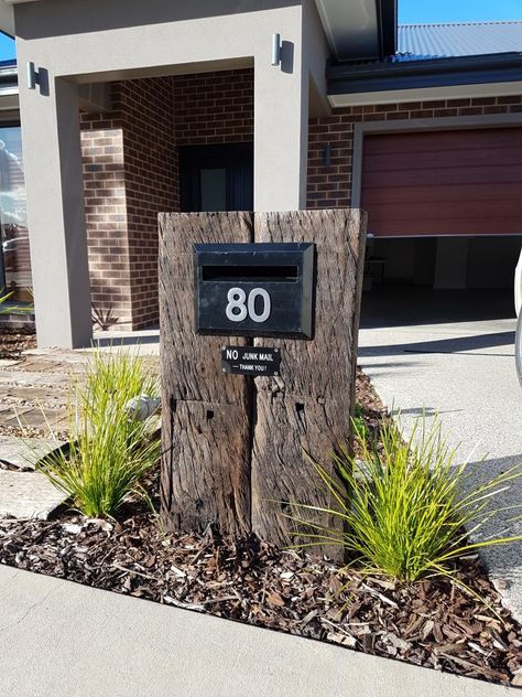 Postbox Ideas, Letterboxes Ideas, Diy Letterbox Wood, Letterbox Number Ideas, Railway Sleeper Mailbox Ideas, Cottage Mailbox Ideas, Diy Letterbox, Rustic Letterbox Ideas, Sleeper Letterbox Ideas