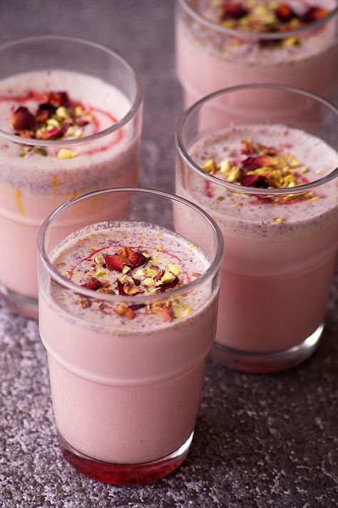 Rose Thandai Recipe Rose Thandai, Indian Beverages, Thandai Recipes, Milk Advertising, Indian Milk, Rose Syrup, Saffron Spice, Lassi Recipes, Diwali Snacks