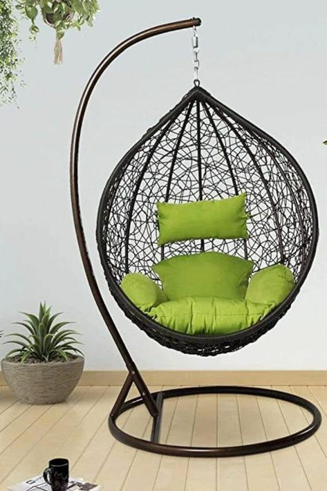 Wrought Iron Single Seater Swing Chair With Stand For Adults | Garden & Outdoor Hammock Swing With Cushions For Kids | Teardrop Swing Hanging Chair with Curve Stand | Jhula | Balcony/Patio/Indoor/Porch/Yard/Outdoor Furniture It Comes With A Soft Deep Fluffy Cushion, Perfect For You To Snuggle In On A Warm And Sunny Day, With A Book And A Cold Coffee User Indoor Or Outdoors - It Is Sturdy & Safe For You To Sit In, And It Will Be A Great Addition To Your Indoor Or Outdoor Furniture Hanging Jhula In Balcony, Jhula In Garden, Balcony Jhula, Jhula In Balcony, Swings In Balcony, Indoor Swings For Adults, Jhula In Living Room, Swing Chair Bedroom, Balcony Swing