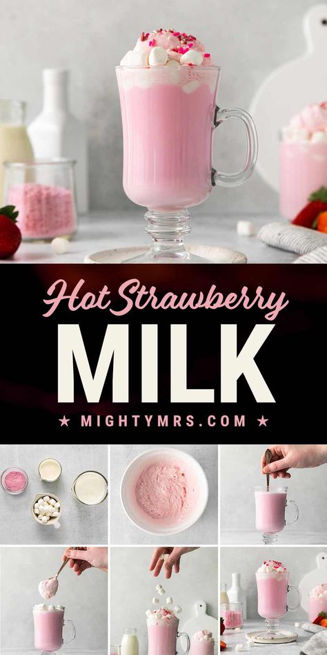 Hot Strawberry Milk Strawberry Whipped Cream, Strawberry Drinks, Drink Recipes Nonalcoholic, Delicious Drink Recipes, Juice Fast, Brunch Cocktails, Valentine's Day Recipes, Holiday Recipes Christmas, Hot Chocolate Recipes