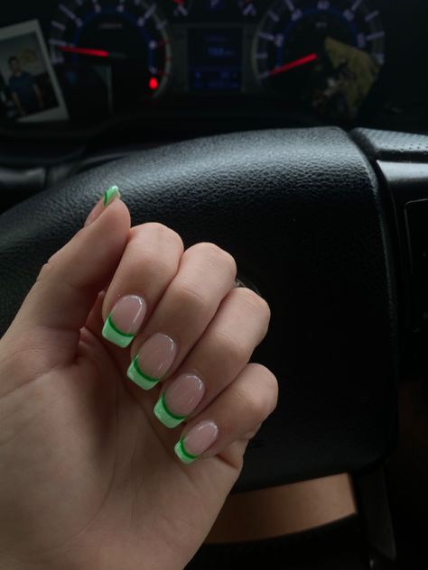 Double Line French Tip Nails Coffin, Green French Tip Acrylic Nails Square, Blue And Green Tip Nails, Two Tone Green French Tip Nails, 2 Tone Green Nails, Kelly Green Nails French Tip, Green Double French Tip Nails, Preppy Green Nails, Purple And Green French Tip Nails