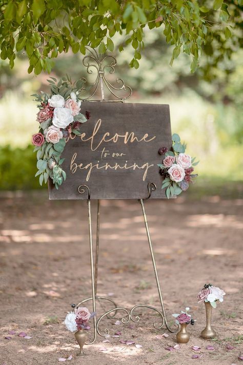 Wedding Signs For Ceremony, Home Decoration For Wedding, Tiana Wedding, Flower Swag, Flower Sign, Frugal Wedding, Backyard Weddings, Anniversary Decor, Mauve Wedding