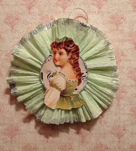 paper rosettes | Green Crepe Paper Rosette Crepe Paper Rosettes, Crepe Paper Decorations, Paper Medallions, Victorian Christmas Decorations, Vintage Valentine Crafts, Homemade Christmas Ornaments Diy, Crepe Paper Crafts, Victorian Crafts, Victorian Christmas Ornaments