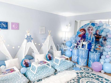 Into the Unknown! | CatchMyParty.com Frozen Picnic Birthday Party, Frozen Sleepover Party, Girls Tea Party Birthday, Campout Party, Engagement Brunch, Frozen Birthday Party Ideas, Frozen Party Supplies, Frozen Birthday Party Decorations, Slumber Party Birthday