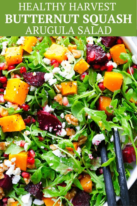 Spicy arugula, roasted beets and butternut squash mixed with crunchy walnuts, and creamy goat cheese. All drizzled with an incredible Orange Vinaigrette dressing! Simple lunch recipe, dinner salad or quick pick me up for those cold winter days. #beets #butternutsqaush #healthysaladrecipes Beets And Butternut Squash, Orange Vinaigrette Dressing, Dressing Simple, Orange Vinaigrette, Winter Veggies, Creamy Goat Cheese, Butternut Squash Salad, Simple Lunch, Healthy Paleo Recipes