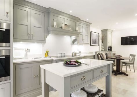 Grey Family Kitchen | Tom Howley Green Kitchen Diner, Hob Kitchen, Kitchen Diner Designs, Kitchen Mantle, Modern Shaker Kitchen, Kitchen Canopy, Over Mantle, Shaker Kitchen Design, Tom Howley