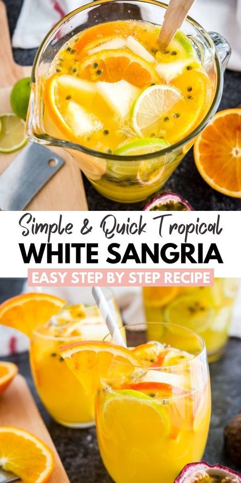 This Tropical White Wine Sangria is the perfect drink for any occasion! Fruity, bubbly and so delicious, this easy, crowd-pleasing summer sangria recipe with white wine, pineapple, and passionfruit is super refreshing and comes together in minutes. Passion Fruit Sangria, Passionfruit Sangria, Recipe With White Wine, Wine Sangria Recipe, Summer Sangria Recipes, White Wine Sangria Recipe, White Wine Recipes, Diy Alcohol, White Wine Sangria